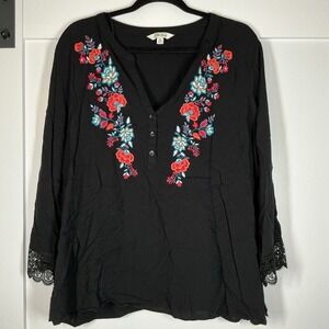 The Pioneer Woman Women's Black XXL Blouse Floral‎ Embroidered Boho Cottagecore